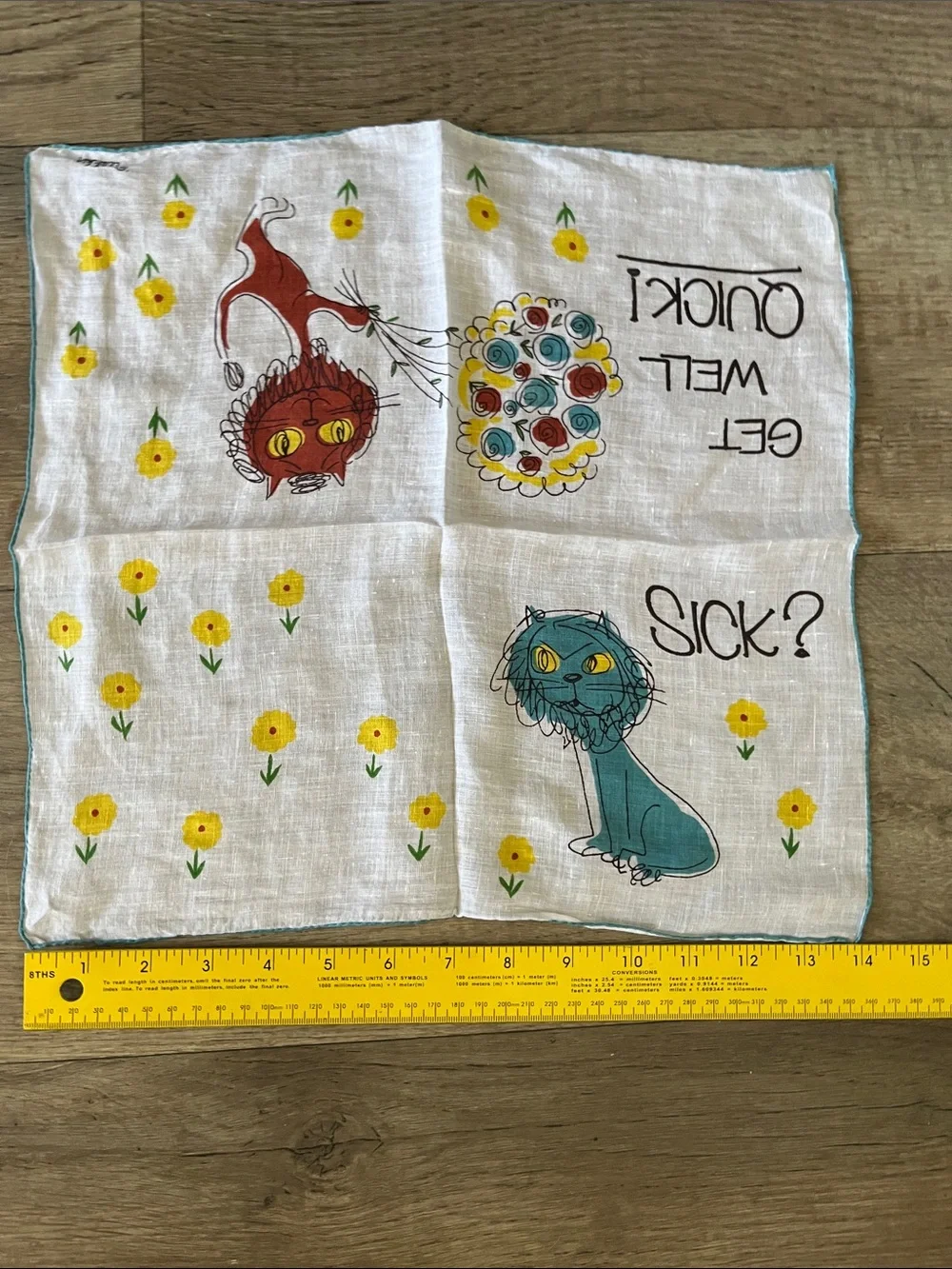 RARE Vintage Get Well Quick! Printed Handkerchief with Colorful Cats by Welcher